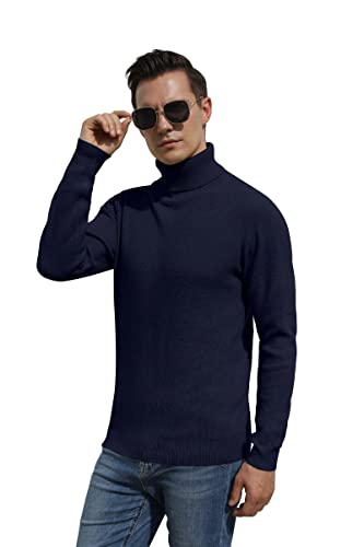 Hisir Rollkragenpullover Herren Klassischer Männer Bequem Langarmshirt Feinstrick Warmer Winter Pullover Pulli mit Rundhalsausschnitt für Männer (Marineblau, XL)