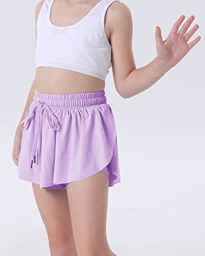 Kereda Girls Flowy Shorts With Spandex Liner 2-In-1,Butterfly Shorts For Girls,Running Tennis Elastic Waist Shorts For Youth/Kids/Toddler 9-10Y (Light Purple) #TOP4