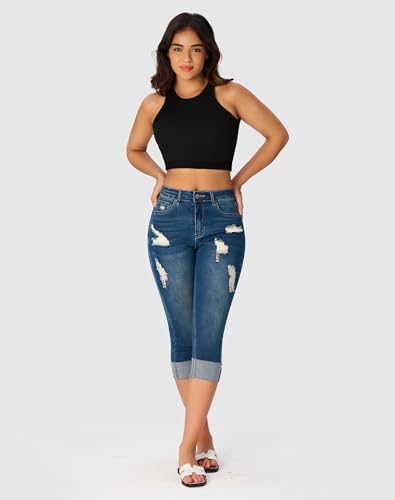 roswear Women's Ripped Stretchy Capri Jeans Mid Rise Cuffed Petite Denim Pants2