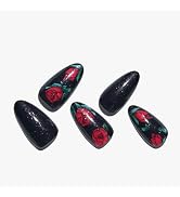 GLAMERMAID Press on Nails Medium Almond,UV Red and Black False Nails with Rose Design,Gel Glue on...
