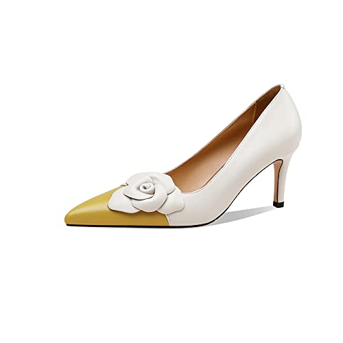 TinaCus Women's Pointed Toe Genuine Leather Handmade Flower Stiletto Mid Heels Graceful Pumps Shoes