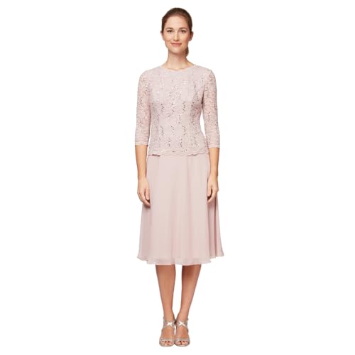Image of Alex Evenings Women's Tea Length Embroidered Bodice Mother of The Bride Gown, Wedding Guest Dress