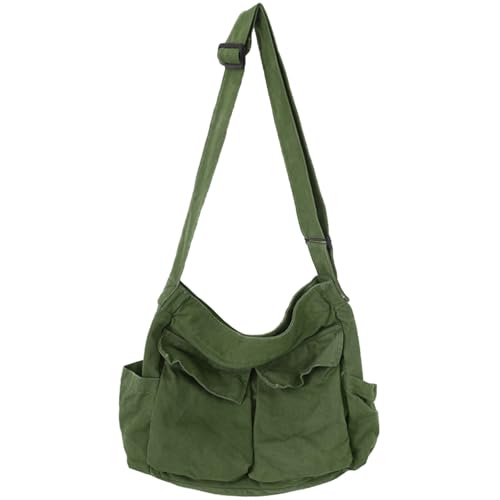 Bolsa carteiro de lona grande bolsa transversal com vários bolsos bolsa de ombro de lona para mulheres e homens, Verde militar, Medium