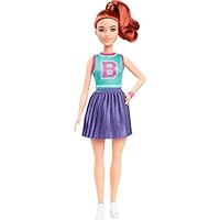 Barbie Fashionistas Doll #232 with Red Hair, Wearing Sporty \u201CB\u201D Jersey Top and Pleated Purple Skirt with Watch and Sneakers, HYT90