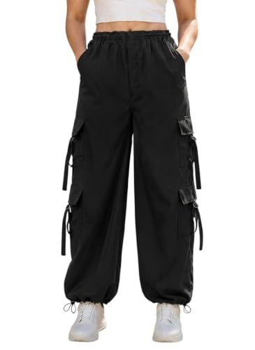 Image of SQew Women's High Waist Baggy Cargo Pants | Loose Fit Parachute Utility Trousers with Multiple Pockets | Casual Streetwear Pants