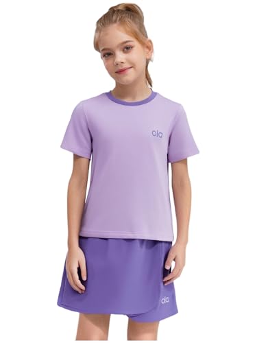 Girls 2 Piece Outfits Summer Short Sleeve Top And Shorts Set For Sport Workout Tennis Golf Purple 13-14 Years