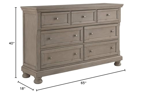 Image of Signature Design by Ashley Lettner Dresser for Bedroom, 7 Drawer Burnished Gray Chest, 65-Inch Wide Traditional Style, Hidden Storage for Small Valuables, Light Gray