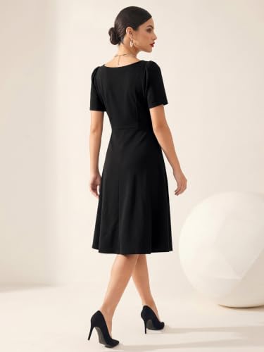 Image of Selvia Women's Black Puff Sleeve Square Neck Fit & Flare Midi Dress