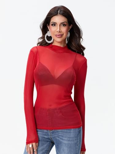 Camiseta De Manga Larga De Malla Para Mujer, Cuello