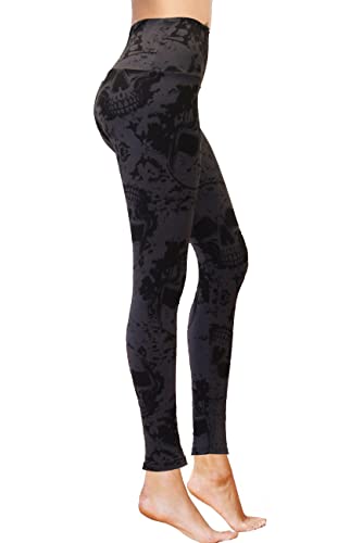 COMFY FOREVER Black Skulls Regular Plus Size Leggings for Women, Full Length Brushed Printed Yoga Pants for Women, Size: L/XL