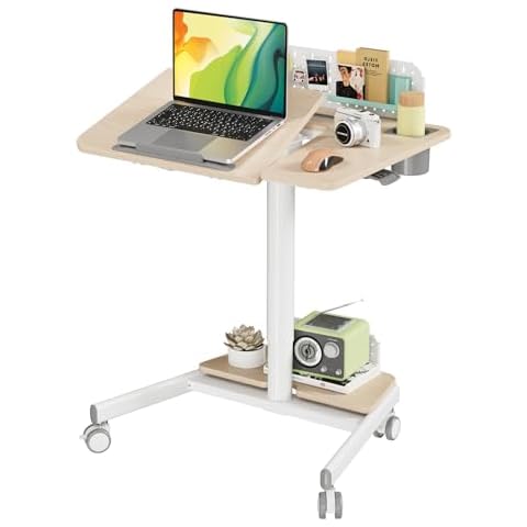 JOY worker Mobile Standing Desk with 60° Tiltable Desktop, 28" Height Adjustable Rolling Desk, DIY Pegboard & Storage Base, Portable Laptop Desk with 4 Lockable Wheels for Home Office, Oak Cover