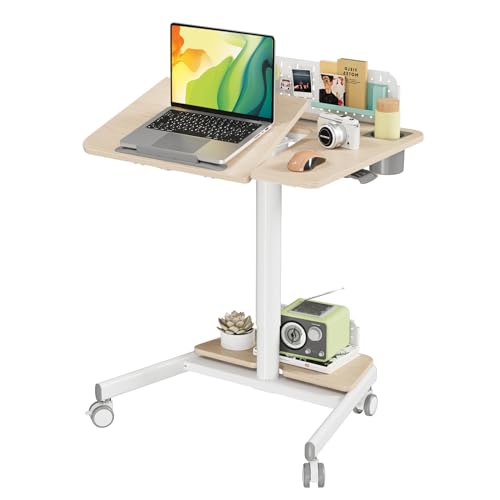 JOY worker Mobile Standing Desk with 60° Tiltable Desktop, 28" Height Adjustable Rolling Desk, DIY Pegboard & Storage Base, Portable Laptop Desk with 4 Lockable Wheels for Home Office, Oak