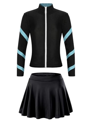 easyforever Kids Girls Sports Outfit Stripe Stand Collar Zipper Sweatshirt With Athletic Skirt Sets Dancewear Activewear Light Blue 12-13 Years3