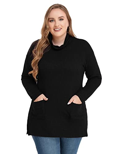 Larace Women Turtleneck Knit Sweater Plus Size Side Split Pullover Tops With Pockets Long Sleeve Tunic Shirts(F-Black 3X) #TOP2