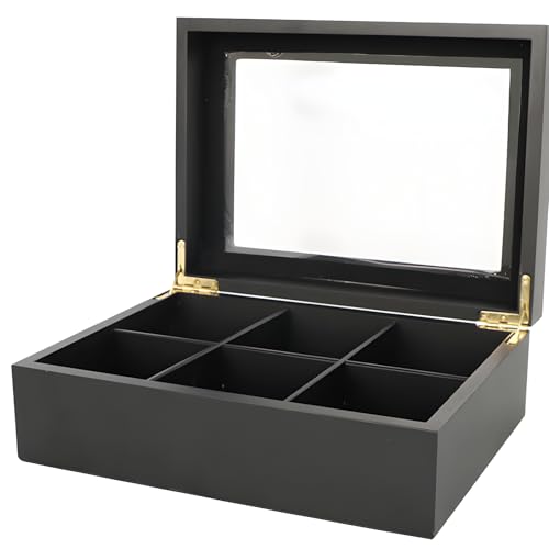 Wooden Tea Organizer with Glass Lid, 6-Slot Black Tea Box, Tea Bag Display Storage Case with Adjustable Compartments