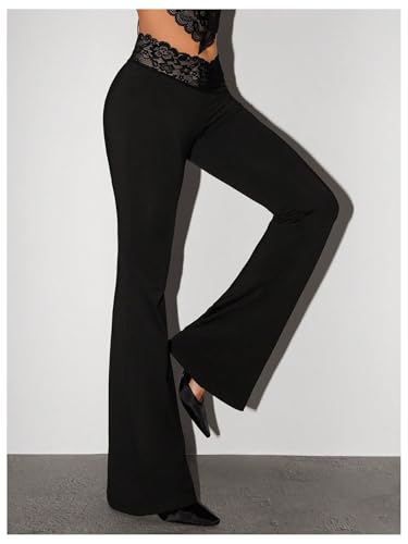 Milumia Women's Low Waist Lace Trim Flare Pants Leggings Rave Going Out Bell Bottoms2