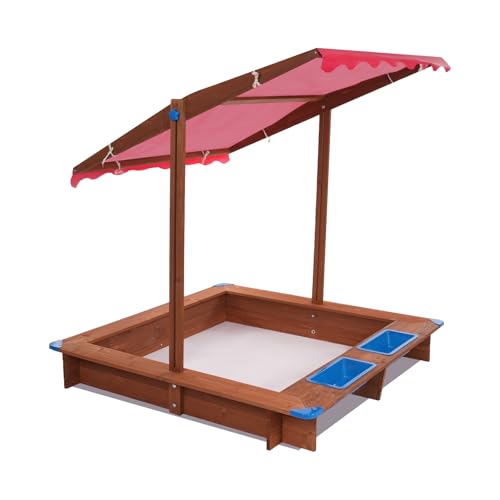 Arenero de madera con cubierta, arenero infantil para el jardín, para patios traseros, jardines, terrazas, playas o parques infantiles, 3 – 14 años, capacidad de carga 100 kg, rojo