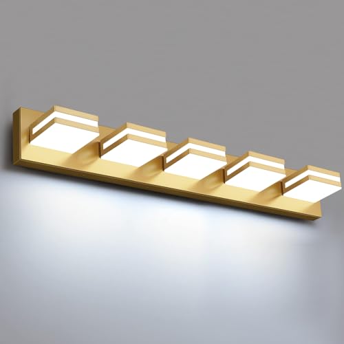 Image of IZORRO LED Modern Bathroom Lights Fixtures(5-Light,Dimmable,360Rotate),Brushed Glod Acrylic Wall Lighting,Vanity Lights for Bathroom Over Mirror - 6000k 30In (No Assembly Required)