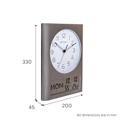 Image of Titan Analog and Digital Display Wall Clock | Day, Date & Month | Temperature & Humidity Display | Grey Case White Dial | 330x260mm | W0116PC01