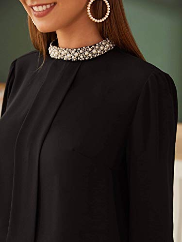 Makemechic Women's Pearls Beaded Mock Neck Keyhole Back Long Sleeve Blouse Black M #TOP3
