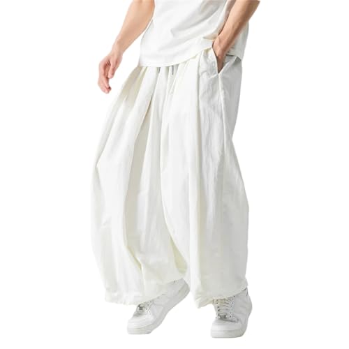 Pohullan Men Cargo Pants Japanese Style Casual Pants Loose Harem Elastic Waist Wide Leg Trouser