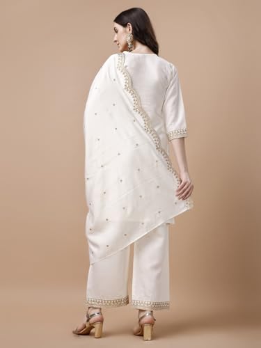 Image of Pratham Blue Kurta Set for Women Silk Embroidered Straight Kurta Set for Women with Palazzos and Dupatta