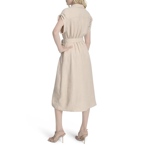 DKNY Women's Short Extended Sleeves Collared Neck Slit Pocket Dress with Removable Belt4