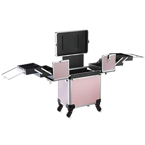 OUDMAY by Amazon - Makeup Case - Professional Rolling Cosmetic Beauty Storage With Mirror and Folding Trays Pink