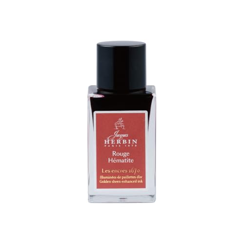 Jacques Herbin 16026JT - A Bottle of Gold Glitter Ink for Fountain Pen, Rollerball, Glass Nib and Penholder 15 ml, Rouge Hematite/Hematite Red - Calligraphy