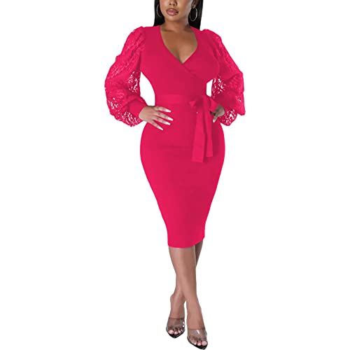 Image of BOGURST Semi Formal Church Dresses for Women Bishop Sleeve Sexy V Neck Bodycon Midi Dresses