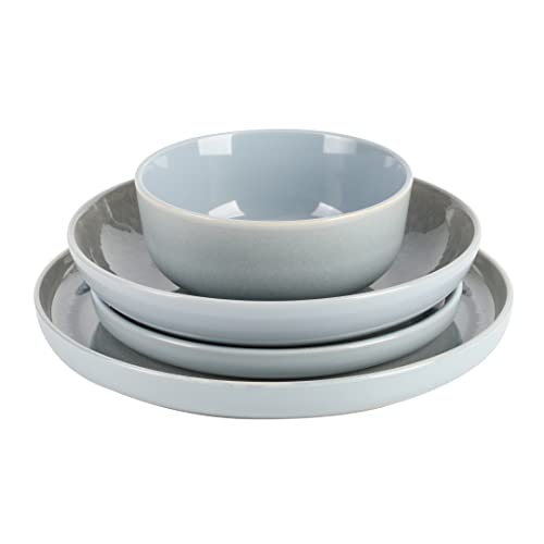 Image of Gibson Elite Juno Moon 16-Piece Reactive Blue Double Bowl Dinnerware Set - Durable Stoneware Plates and Bowls