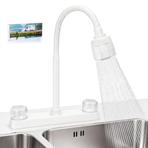 Image of 8 in RV Kitchen Faucet, XFIRE-GEAR Camper Faucet Kitchen with Flexible Arc 360 Degree Rotatable Dual Function Sprayer, RV Sink Faucets for Motorhomes, Travel Trailers (White)