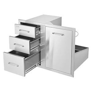 VEVOR Outdoor Kitchen Door Drawer Combo 29.5″W x 22.6″H x 21.7″D, Access Door/Triple Drawers with Propane Drawer and Adjustable Garbage Ring, Perfect for BBQ Island Patio Grill Station