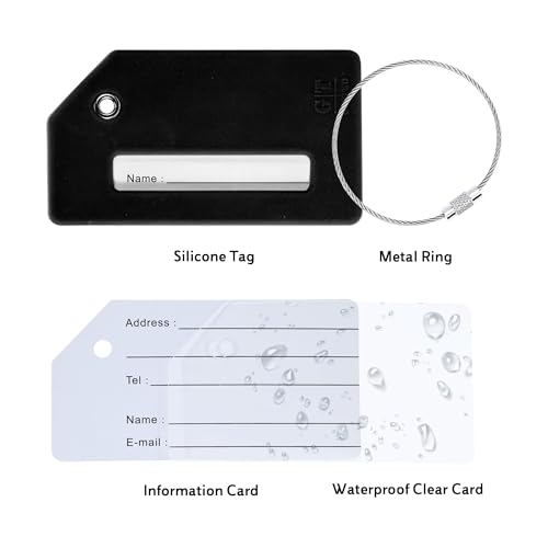 Image of Silicone Luggage Tag for Suitcases with Stainless Loop, TSA Approved, Privacy Protection Travel Essentials Bag Tags by Gostwo, Black, 3.6 inchx 2 inch x 0.25 inch