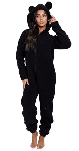 Loungeable Damen Jumpsuit Tierkostüm Fasching Bär Black Sherpa with Ears Teddy All...