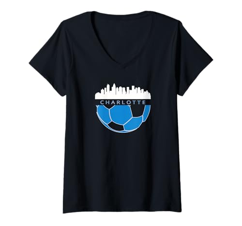 Womens CLT Airport Code 704 Charlotte NC Skyline Art Footballer Fan V-Neck T-Shirt