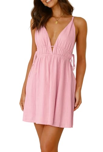 Image of R.Vivimos Boho Dresses for Women 2026 Summer Sleeveless Sexy Deep V Neck Elastic Waist Sides Drawstring Tie Casual Mini Dress