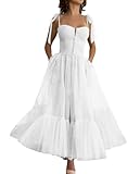 Spaghetti Straps Tulle Prom Dresses Tea Length Sweetheart Formal Evening Gowns A-Line Party Princess Dress with Pockets White