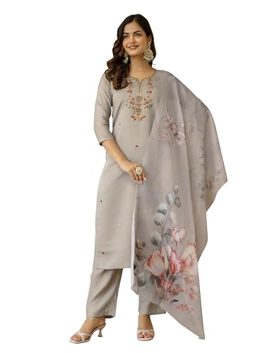 Image of TRENDMALLS Women's Chanderi Silk Embroidery Sequence Work Kurta Pant with Dupatta Ethnic Wear Salwar Suit Set For Women