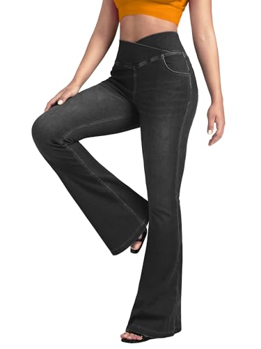 BlueRose Flare Jean for Women,Bell Bottom Jeans for Women Knit Crossover High Waisted Bootcut Jean Gray