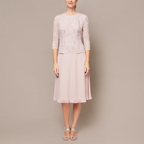 Image of Alex Evenings Women's Tea Length Embroidered Bodice Mother of The Bride Gown, Wedding Guest Dress