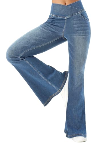 Bell Bottom Jeans for Women High Waisted Stretchy Flare Jeans Pull On Crossover Wide Leg Flared Pants with Pockets