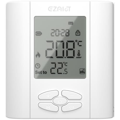 EZAIoT Thermostat Programmable pour Chaudière Gaz et Chauffage Hydronique, Montage Mural, Alimentation par Piles, Programmation Hebdomadaire, Contact Sec, Contrôle Intelligent du Chauffage