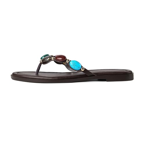 Image of DREAMSTORY Womens Beaded Flip Flops Beach Jeweled Thong Sandals | Open Round Toe, Slip on, Colorful Gemstones Embellished, Fashionable Summer Beach Style, Casual Flat Studded Shoes