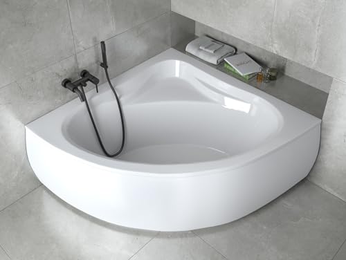 ECOLAM Badewanne 130x130 cm Schürze | Wanne mit Sitz | Acrylwanne Eckwanne symmetrisch Eckbadewanne + Ablaufgarnitur Ab- Überlauf Automatik Füße Silikon Komplett-Set