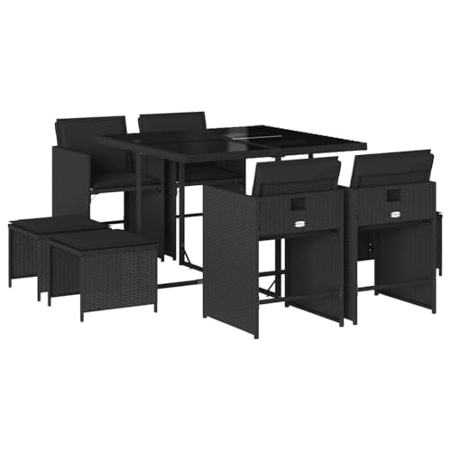 Mhdvray Ensemble de Salle à Manger de Jardin 9 Pièces en Résine Tressée Noir avec 1 Table en Verre Trempé 4 Chaises et 4 Tabourets Design Cube Encastrable...