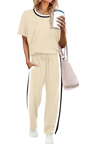 WIHOLL Summer Outfits for Women 2026 Spring Two Piece Lounge Sets Short Sleeve Tops Wide Leg Crop Pants Vacation Date Nights Dressy Casual Beige XL - view 3