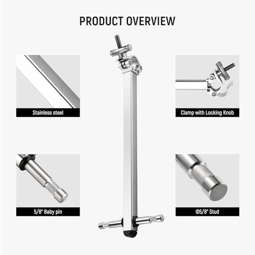 Image of NEEWER Offset Arm with Clamp & Dual 5 /8 inch Baby Pins for LED Video Light Studio Flash, 1.5ft /46cm Stainless Steel Boom Grip Arm for o1.2-1.4 inch Center Column Photography Light Stand, Max Load 22lb, UA038