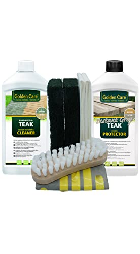 GOLDEN CARE Teak Instant Grey + Cleaner Holzpflegeset 8tlg. Holz Reiniger Holzschutz Holzpflege für Gartenmöbel