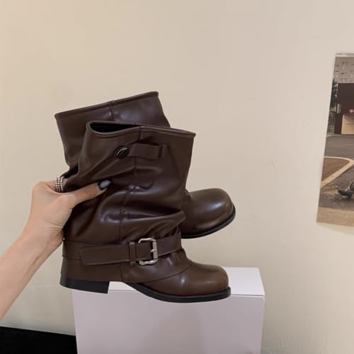 Women's Vintage Mid Calf Boots Buckle-up Chunky Heel Western Motorcycle Boots with Pleated for Casual Comfortable Wear4